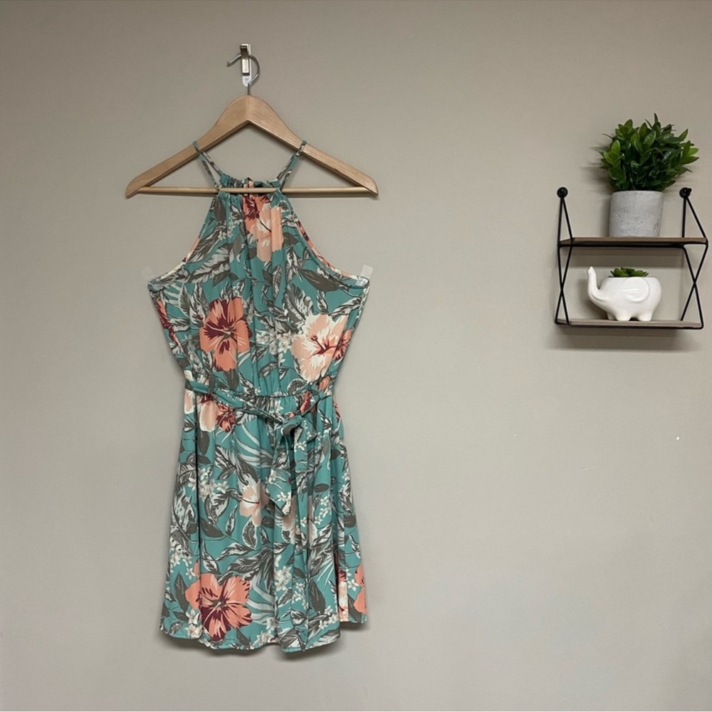Dynamite Small Floral Halter Neck Dress - Green & Pink